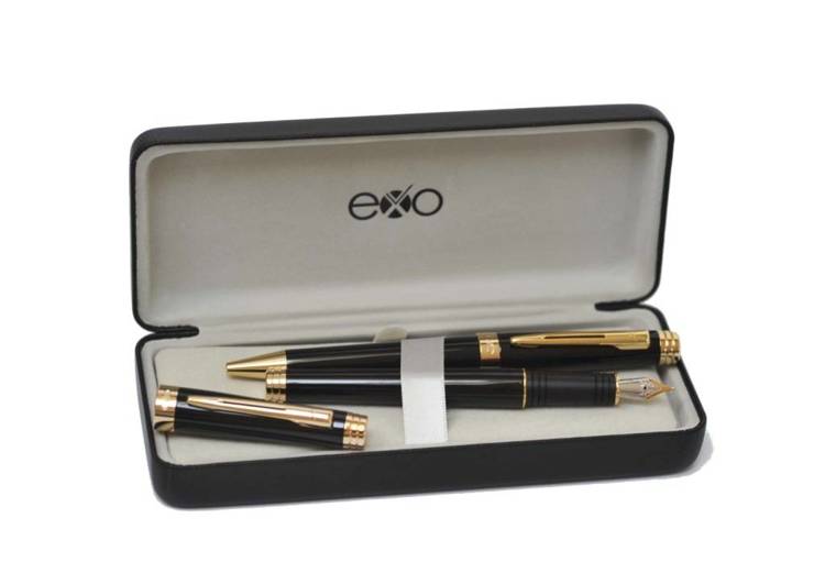 EXO Sagitta fountain pen and ballpoint pen set, black, gold trim
